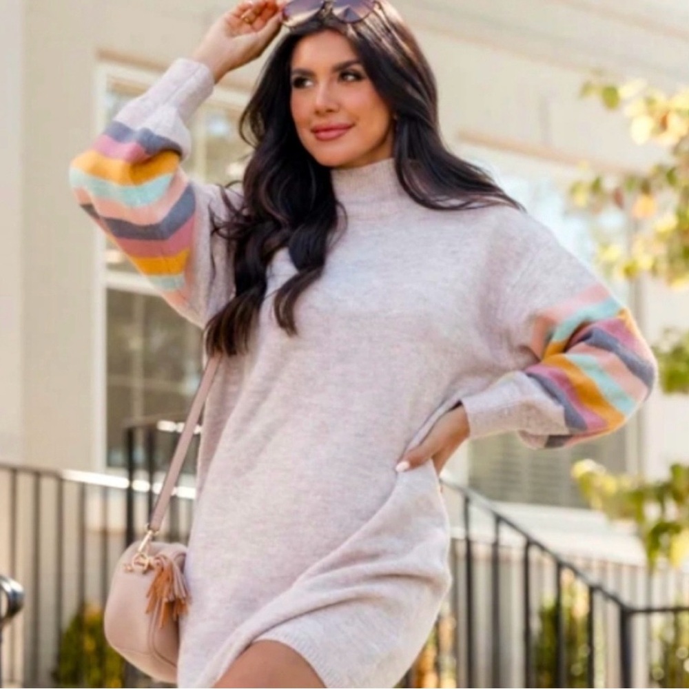 Pink Lily Multicolor Striped Sleeve mock Turtleneck Sweater dress NWOT